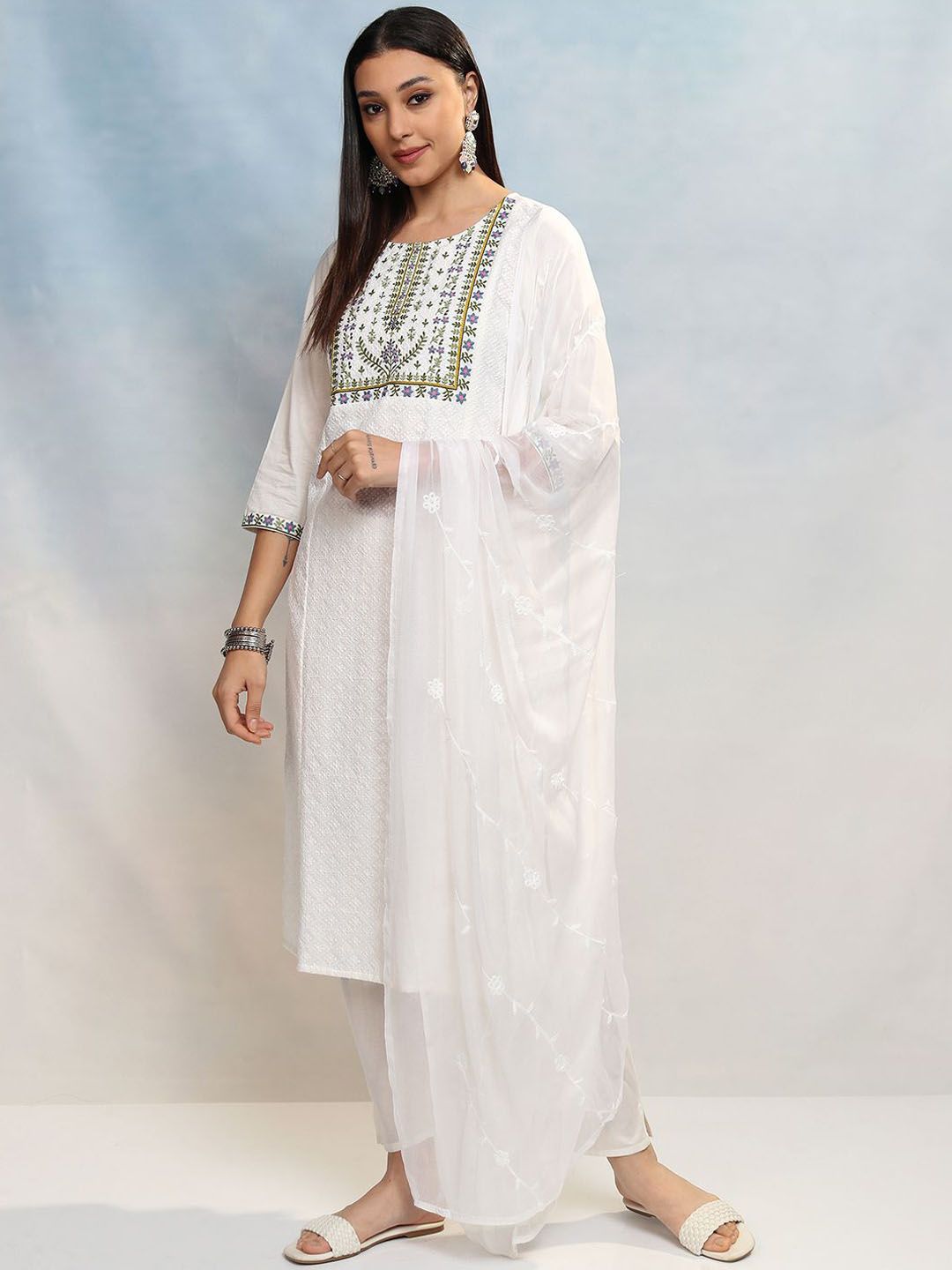 Vishudh Embroidered Pure Cotton Anarkali Kurta & Trousers With Dupatta main image 1