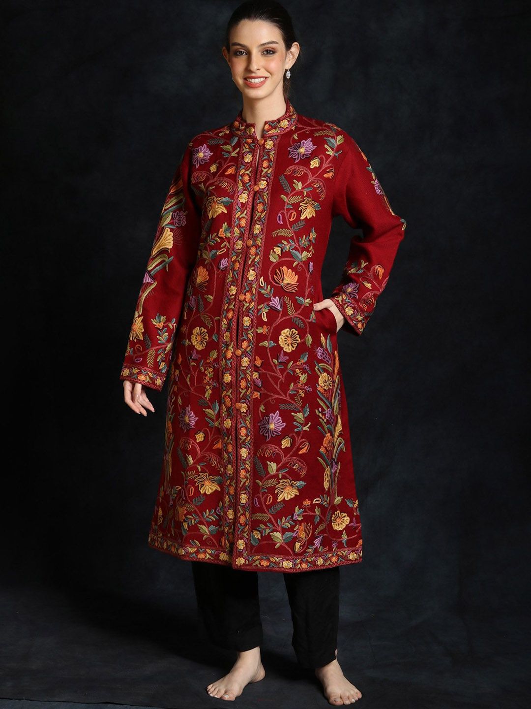 Exotic India Women Floral Woollen Crop Open Front Jacket-image-45
