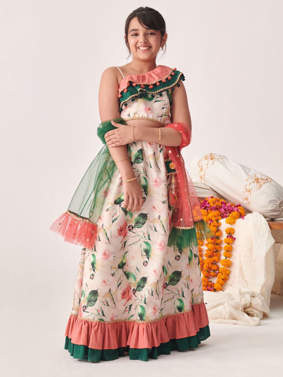 pspeaches Girls Ethnic Peach Floral Printed Cotton Flex Lehenga Choli Set With Dupatta