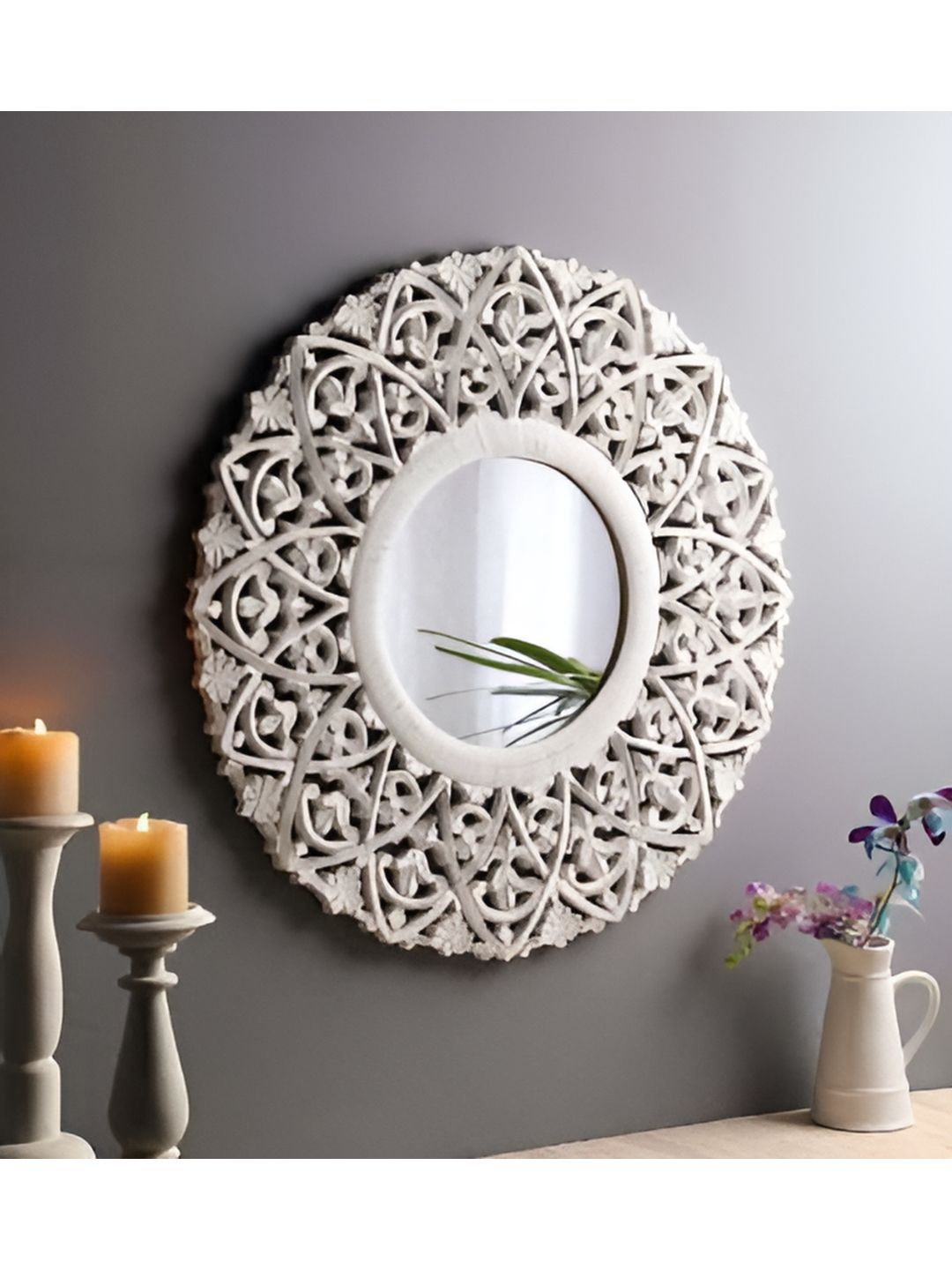 VAS collection home White Textured Wooden Round Wall Mirror-picture-18