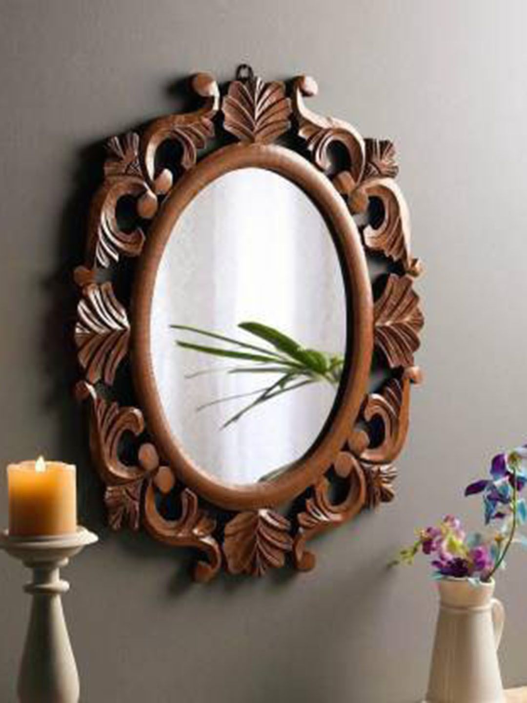 VAS collection home Brown Textured Wooden Oval Shaped Wall Mirror-picture-6