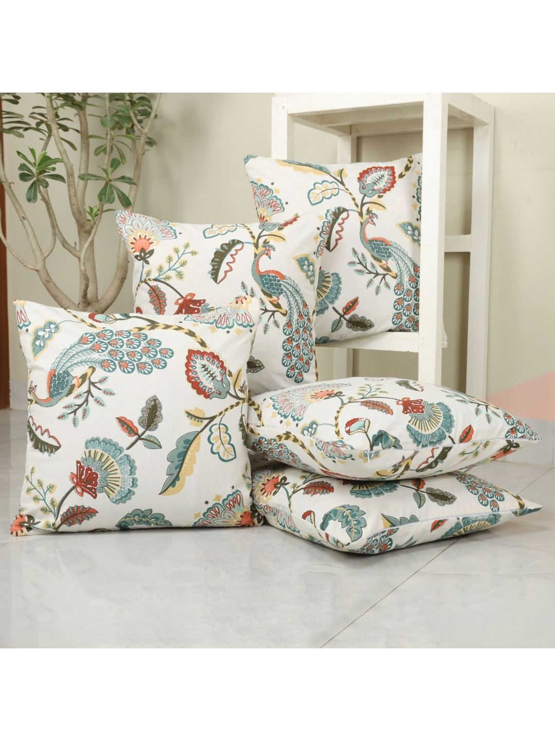 Clasiko White & Red Set of 5 Floral Square Cushion Covers-picture-38