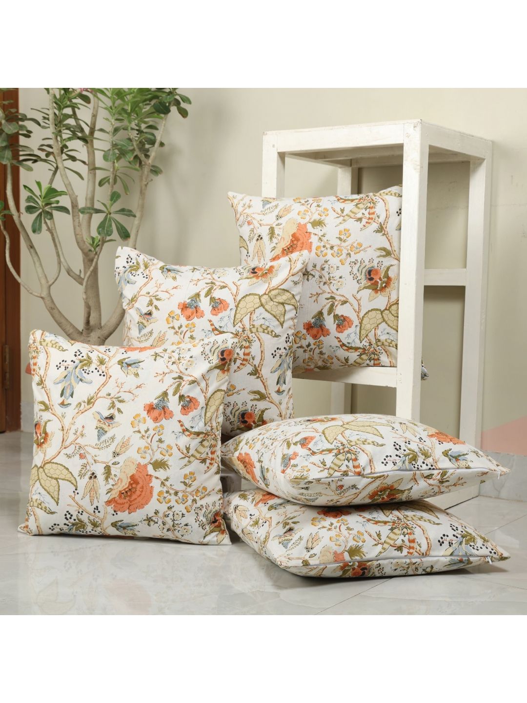 Clasiko White & Orange Set of 5 Floral Square Cushion Covers-picture-33