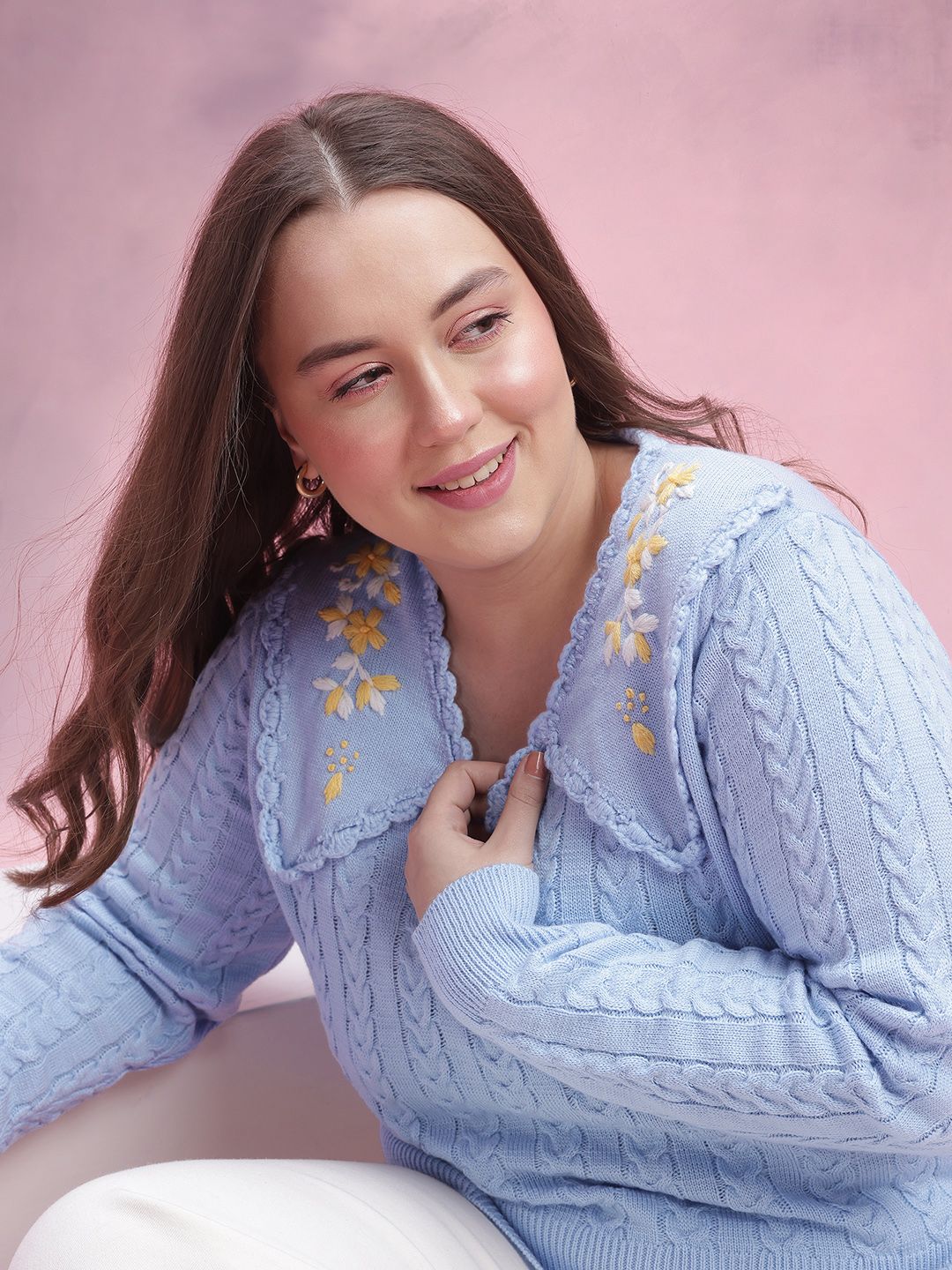DressBerry Curve Cable Knit Embroidered Detail Pullover-image-38
