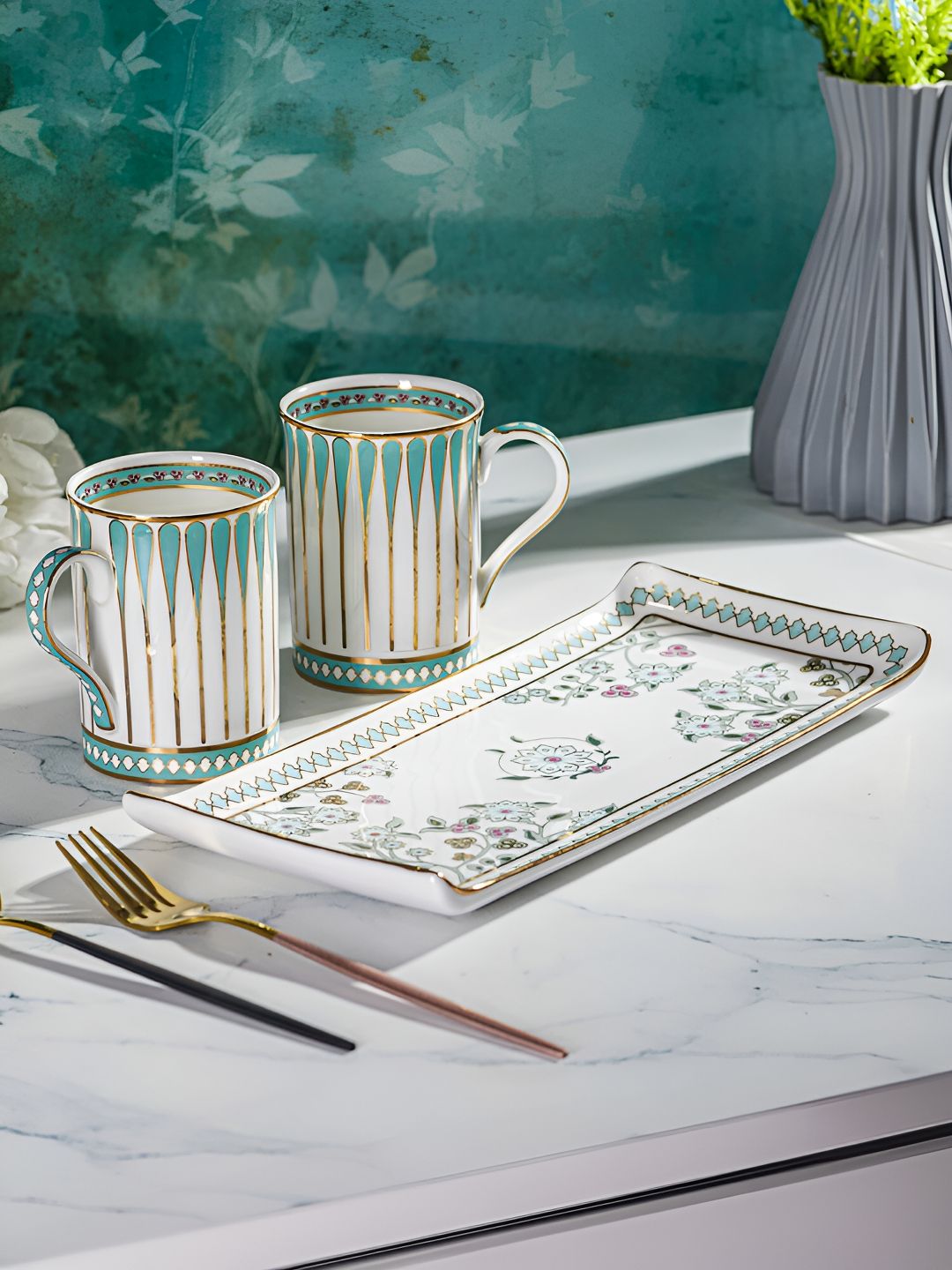 Troveas White Printed Bone China Glossy Mugs Set of Cups and Mugs-picture-21
