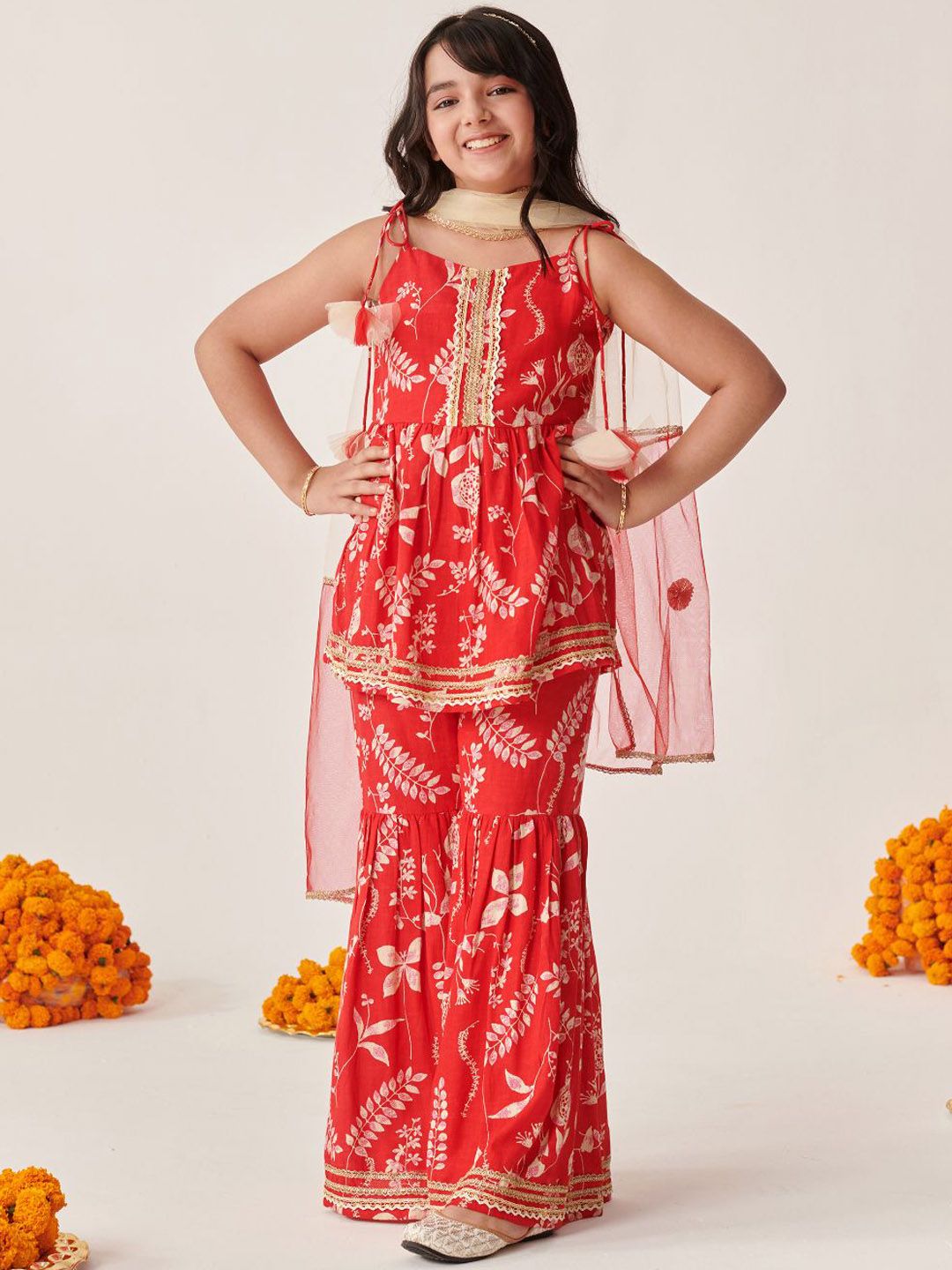 pspeaches Girls Floral Printed Regular Kurti with Sharara & With Dupatta-picture-21