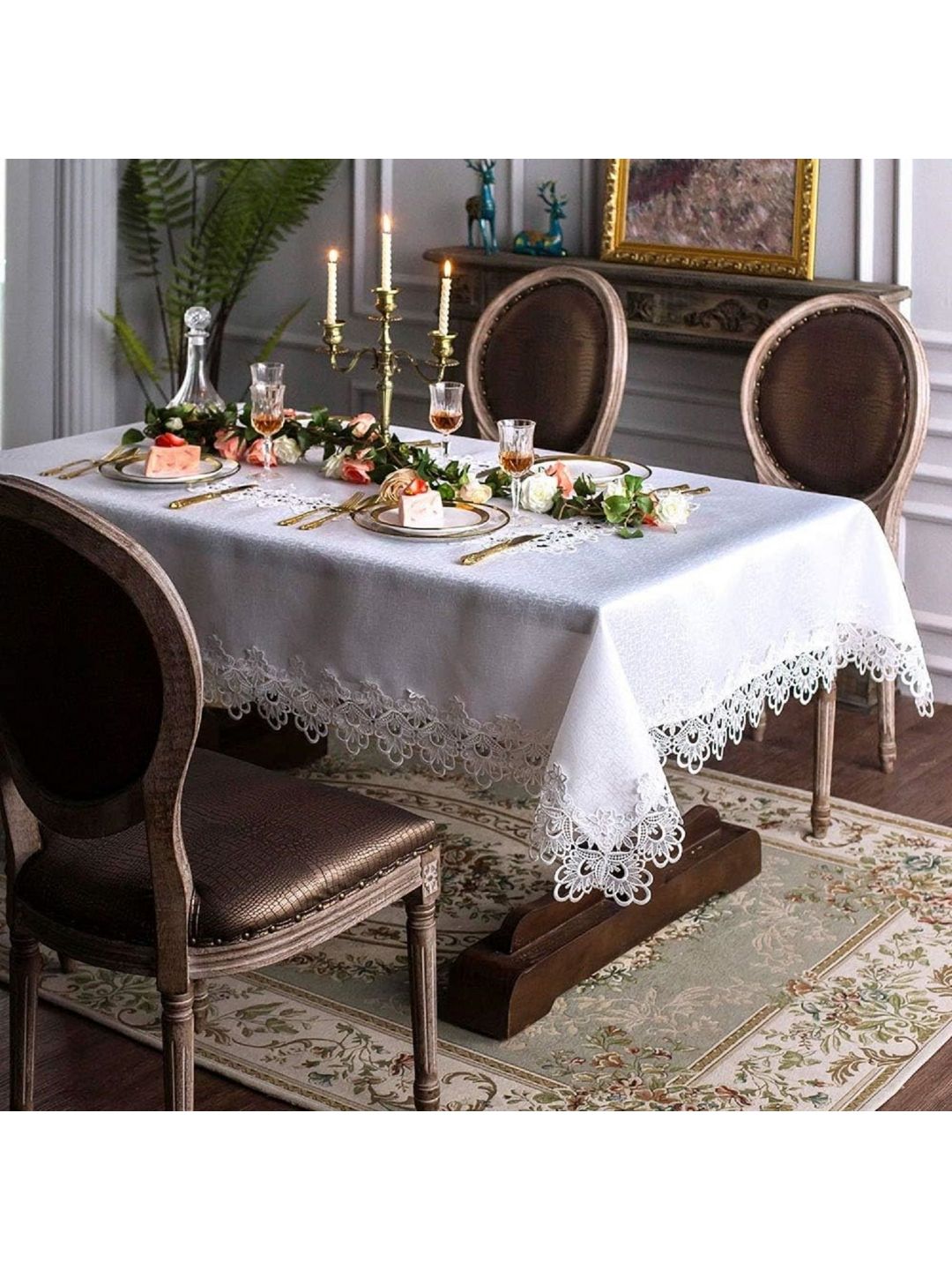 MONKDECOR White Floral Cotton 6-Seater Table Cover-image-48