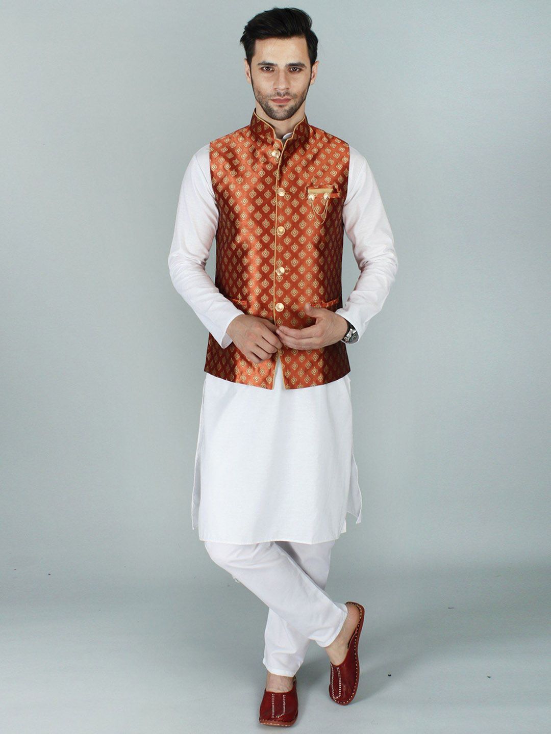 Exotic India Men Printed Brocade Nehru Jacket-picture-10