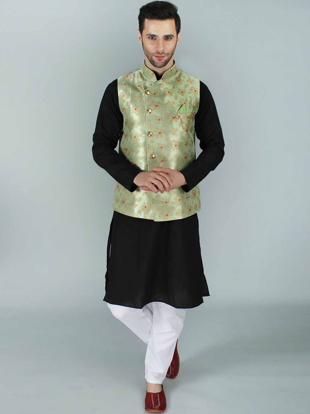 Exotic India Men Asymmetric Gold-Tone Brocade Nehru Jacket-picture-21