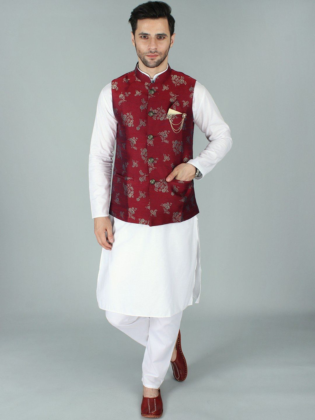 Exotic India 
Floral Printed Woven Nehru Jacket-picture-17