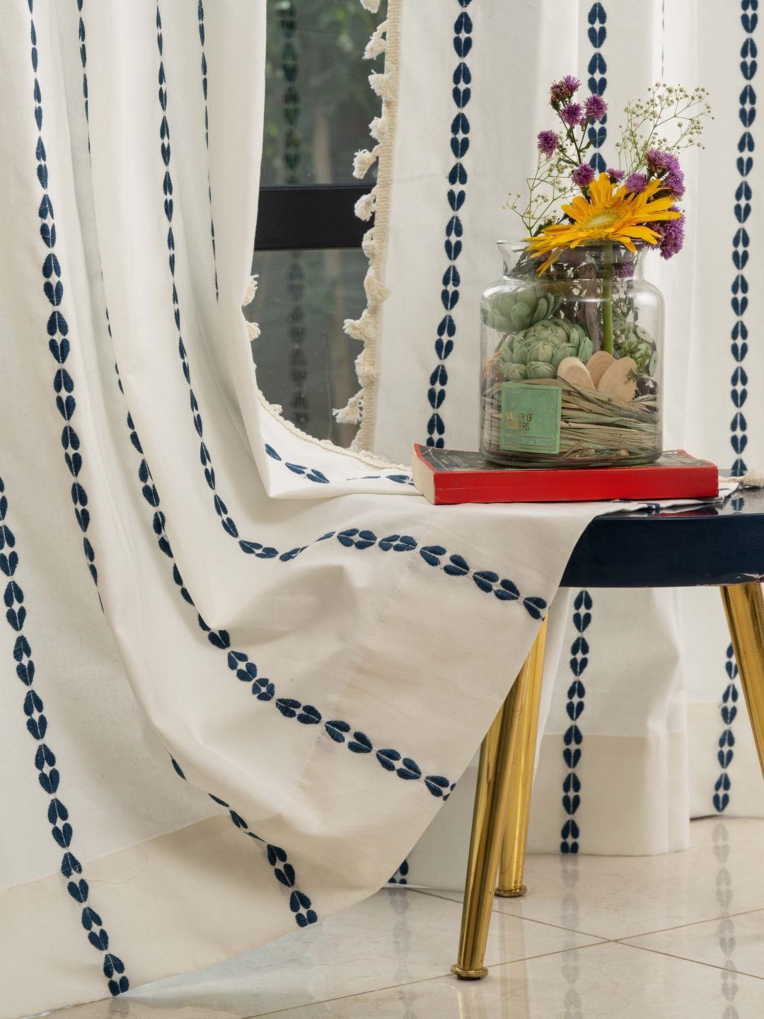 URBAN SPACE Blue & White Embroidered Window Curtain