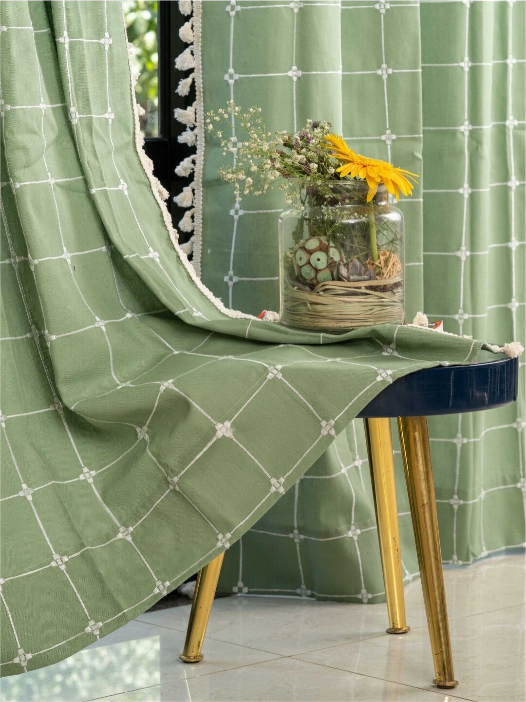URBAN SPACE Green & White Embroidered Long Door Curtain-picture-33