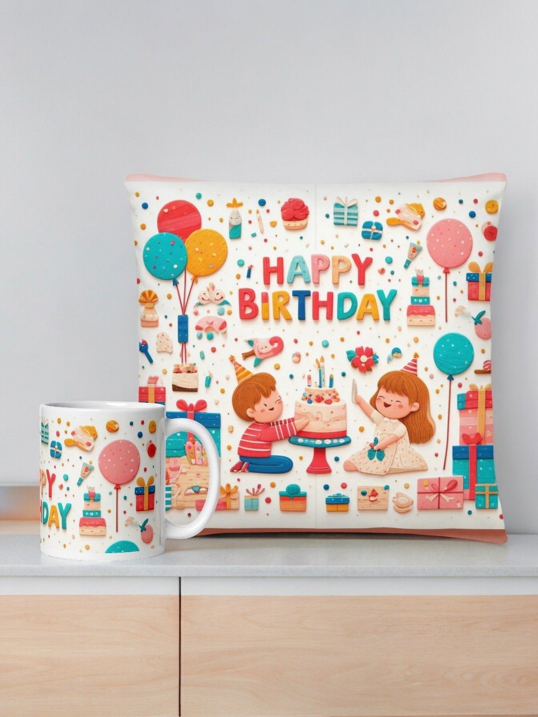 bettergiftflowers White & Blue Printed Happy Birthday Cushion Mug Home Gift Set-image-7