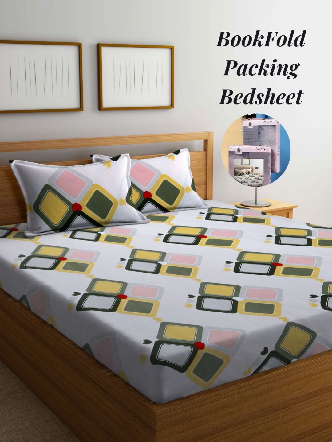 Arrabi White & Yellow Geometric 300 TC King Bedsheet with 2 Pillow Covers-picture-40