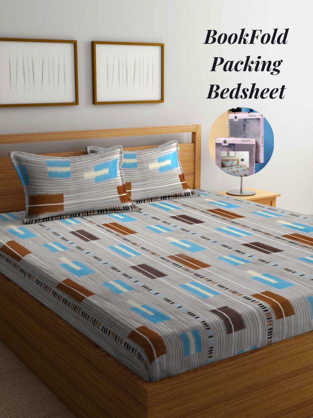 Arrabi Grey & Brown Geometric 300 TC King Bedsheet with 2 Pillow Covers-picture-24