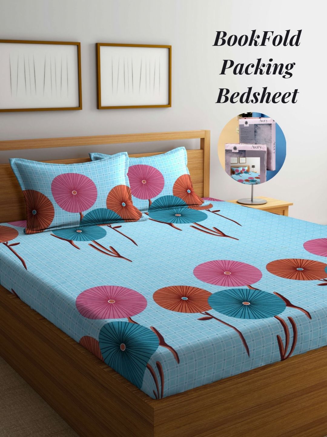 Arrabi Blue & Pink Geometric 300 TC King Bedsheet with 2 Pillow Covers-picture-25