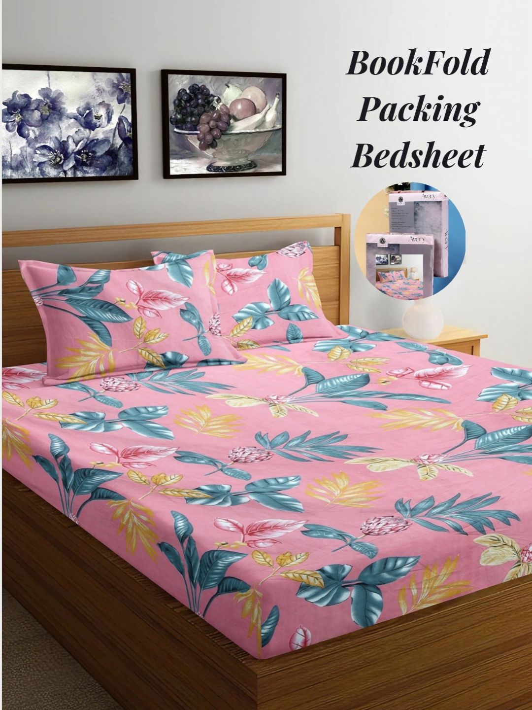 Arrabi Pink & Yellow Floral 300 TC King Bedsheet with 2 Pillow Covers-picture-32