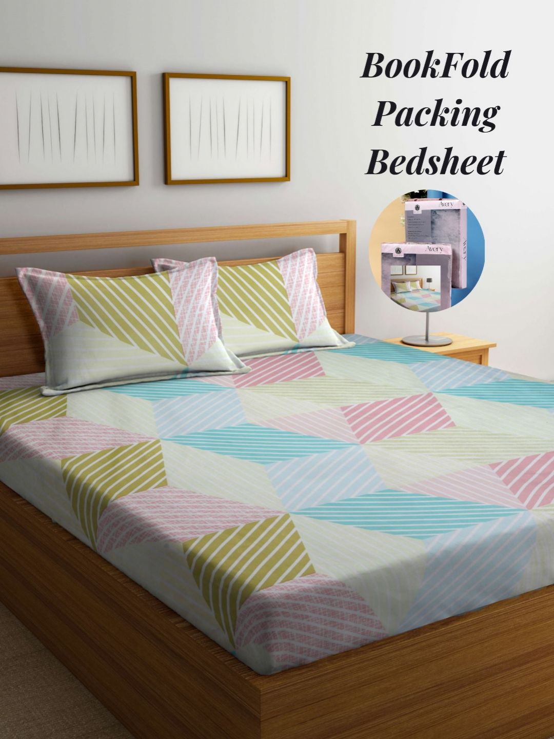 Arrabi Green & White Geometric 300 TC King Bedsheet with 2 Pillow Covers-picture-27