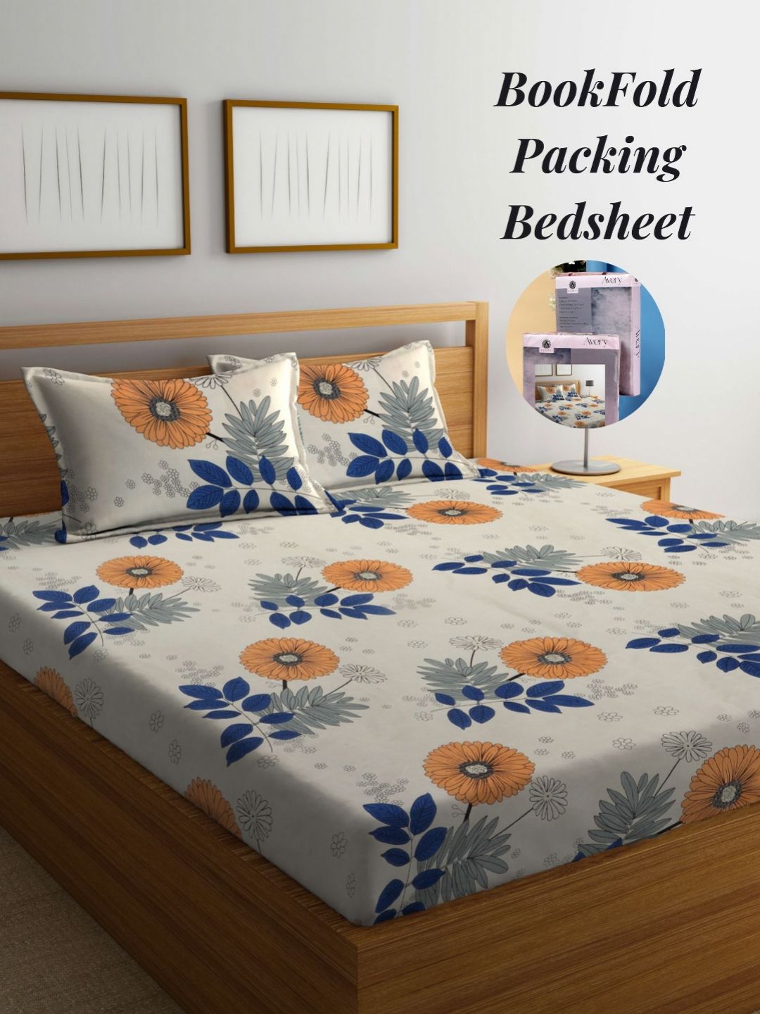 Arrabi Cream-Coloured & Blue Floral 300 TC King Bedsheet with 2 Pillow Covers-picture-23
