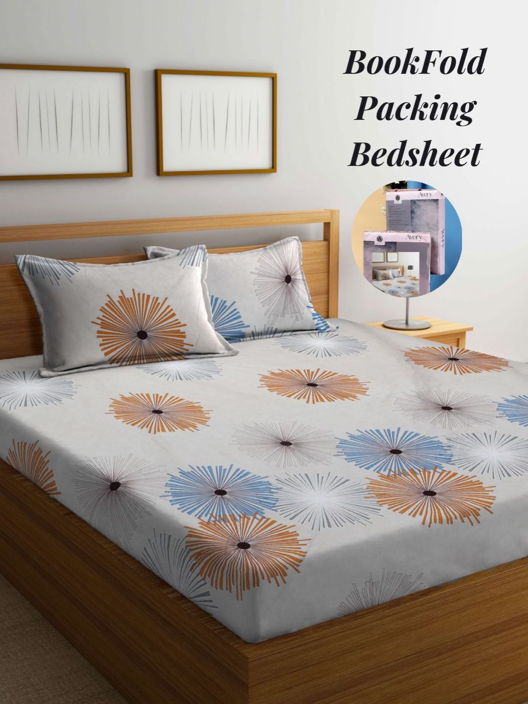 Arrabi Beige & White Geometric 300 TC King Bedsheet with 2 Pillow Covers-picture-11