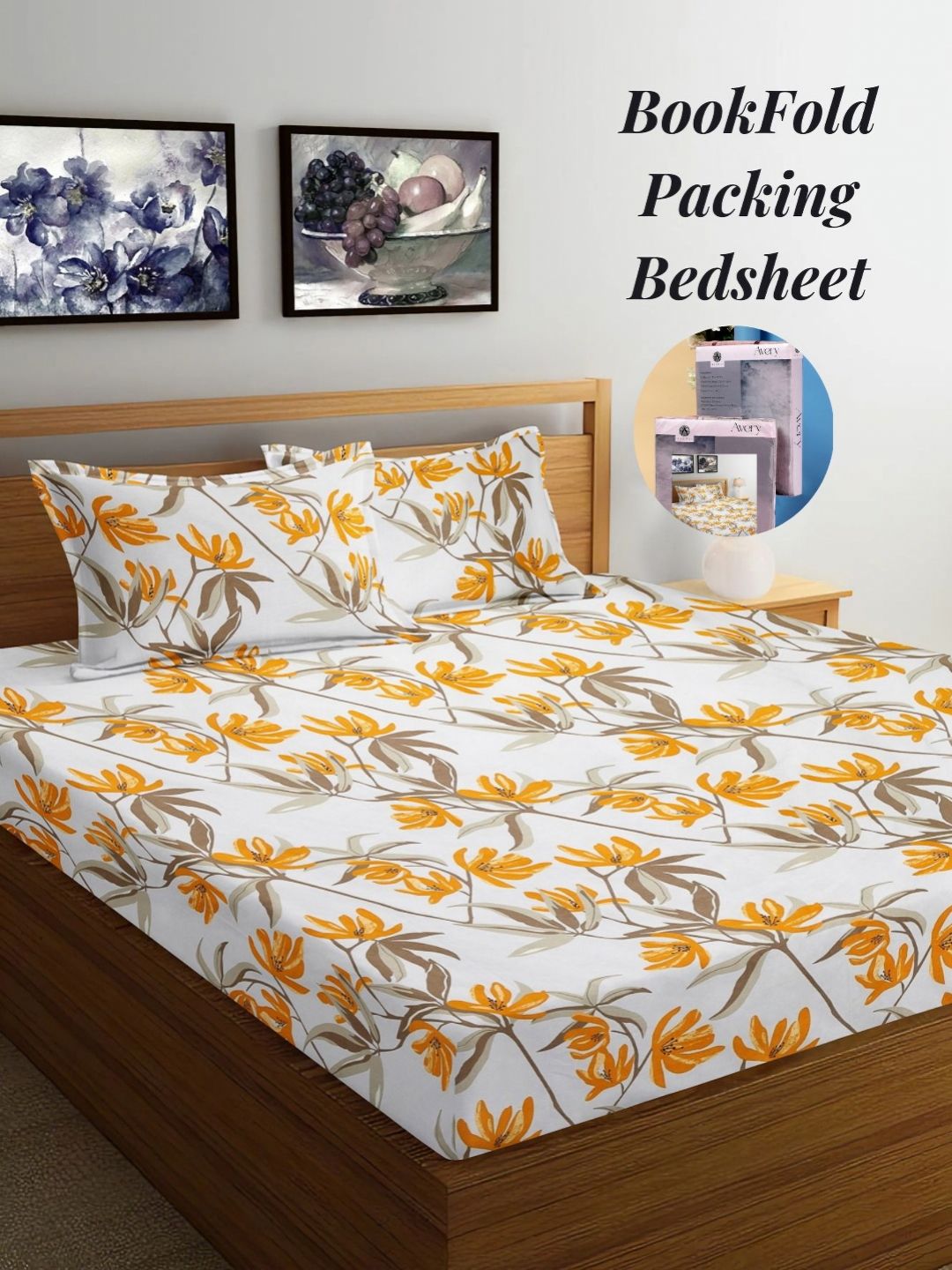 Arrabi White & Yellow Floral 300 TC King Bedsheet with 2 Pillow Covers-picture-30