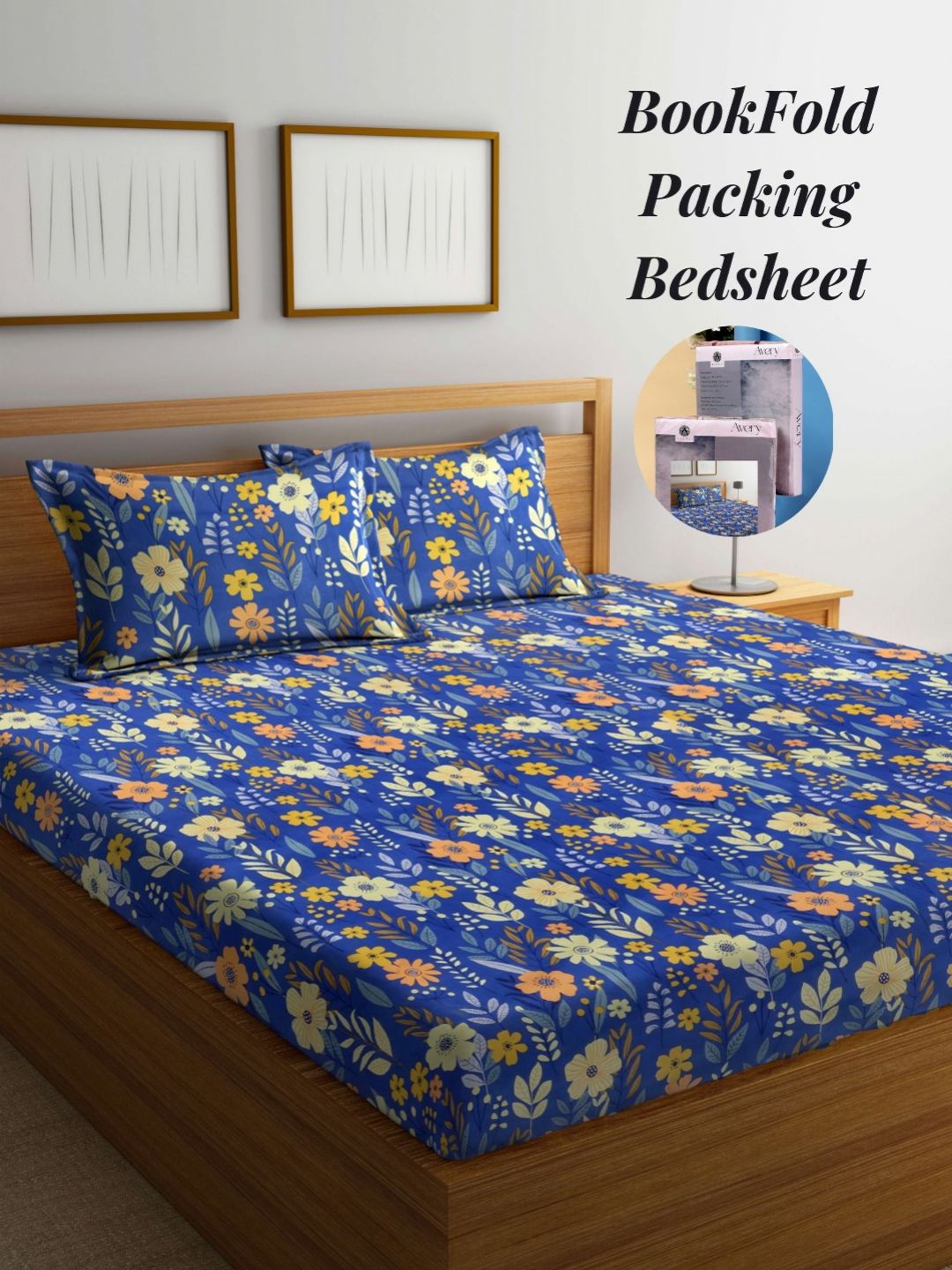 Arrabi Blue & Yellow Floral 300 TC King Bedsheet with 2 Pillow Covers-picture-28