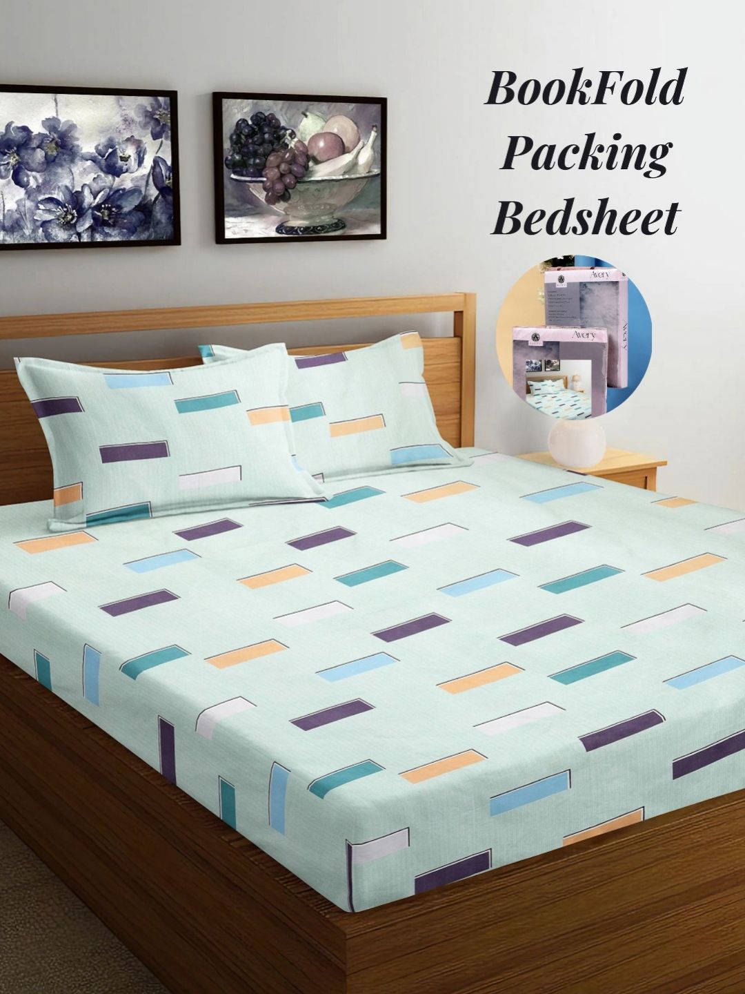 Arrabi Green & Blue Geometric 300 TC King Bedsheet with 2 Pillow Covers-picture-15