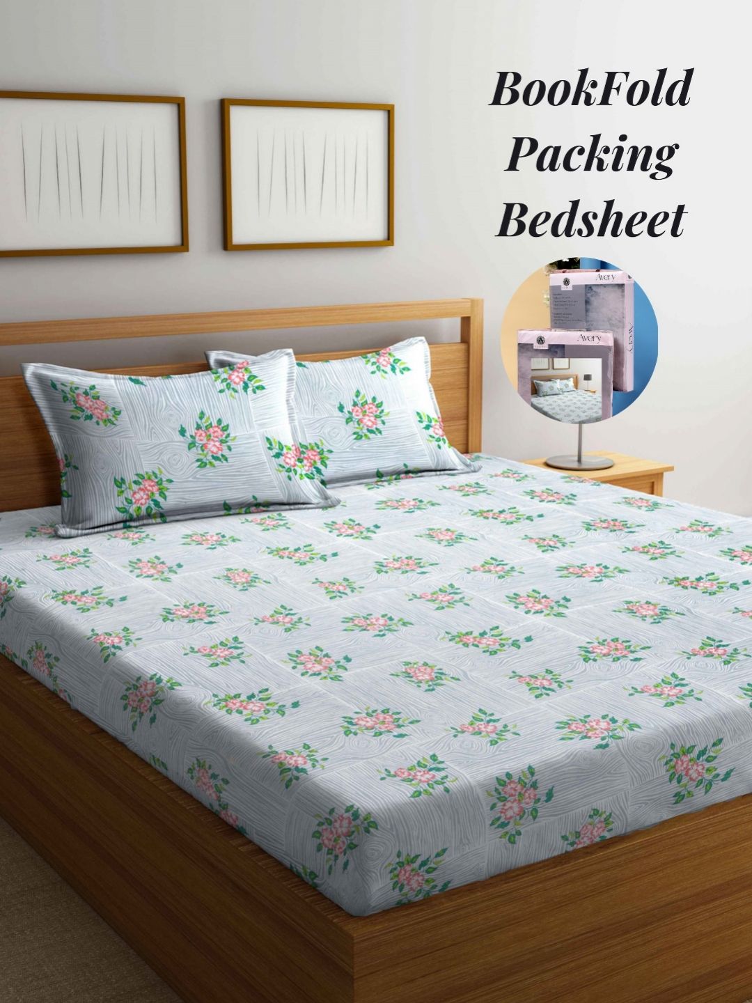 Arrabi Grey & Green Floral 300 TC King Bedsheet with 2 Pillow Covers-picture-36