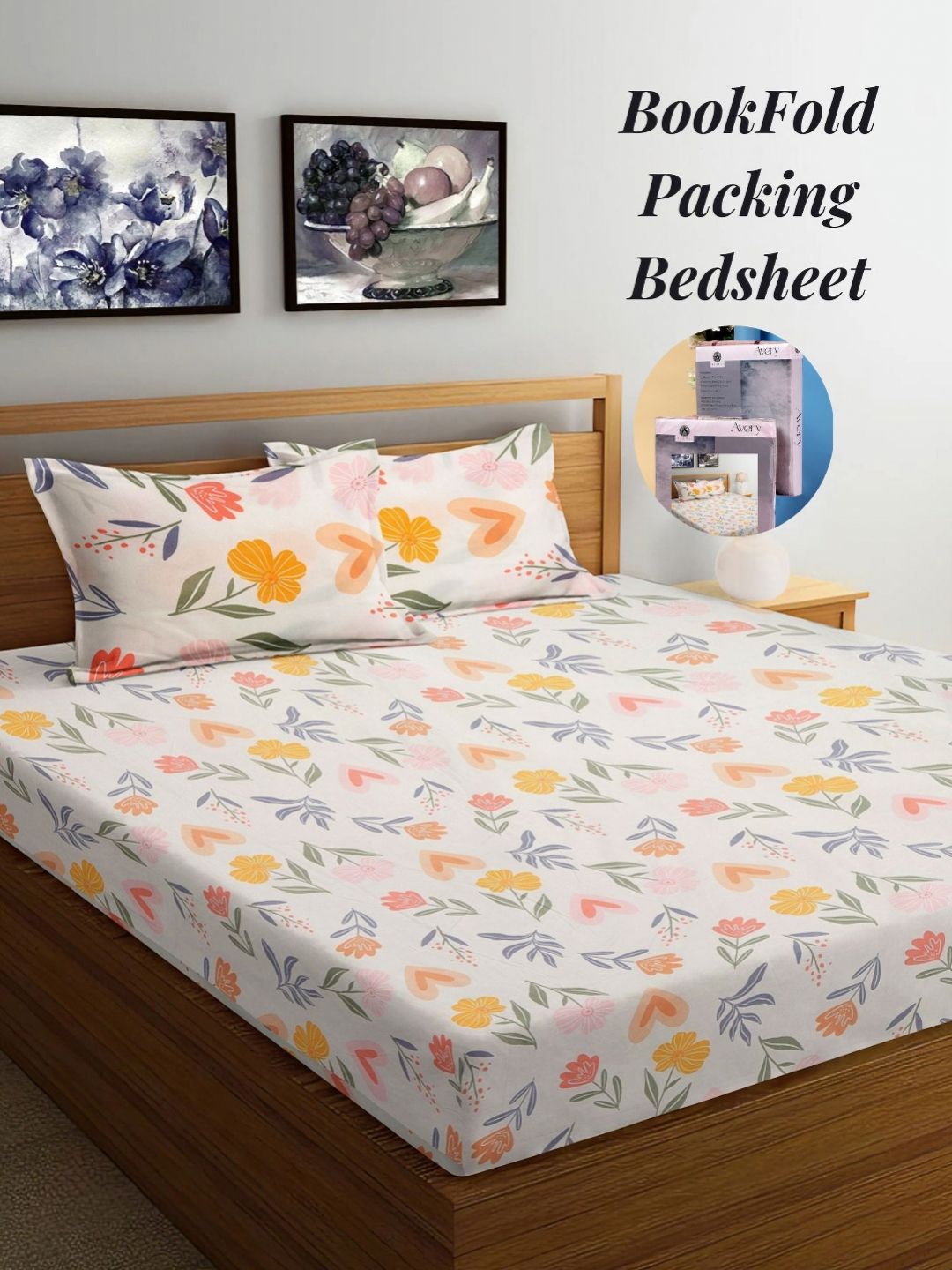 Arrabi Cream-Coloured & Yellow Floral 300 TC King Bedsheet with 2 Pillow Covers-picture-28