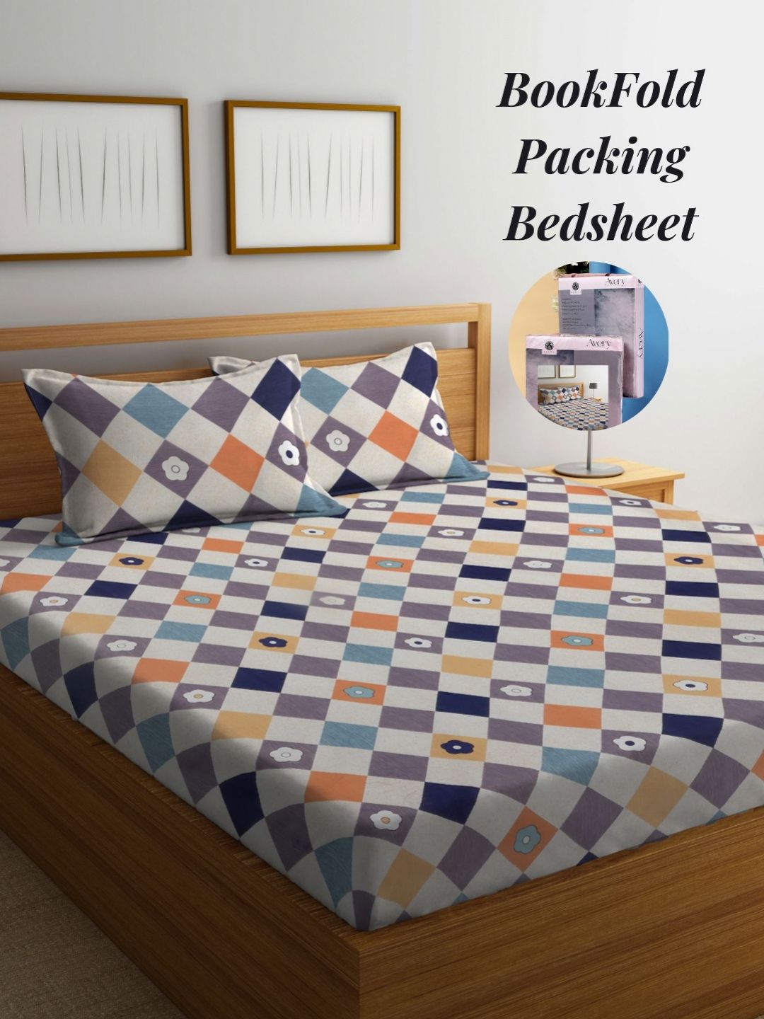 Arrabi White & Blue Geometric 300 TC King Bedsheet with 2 Pillow Covers-picture-29