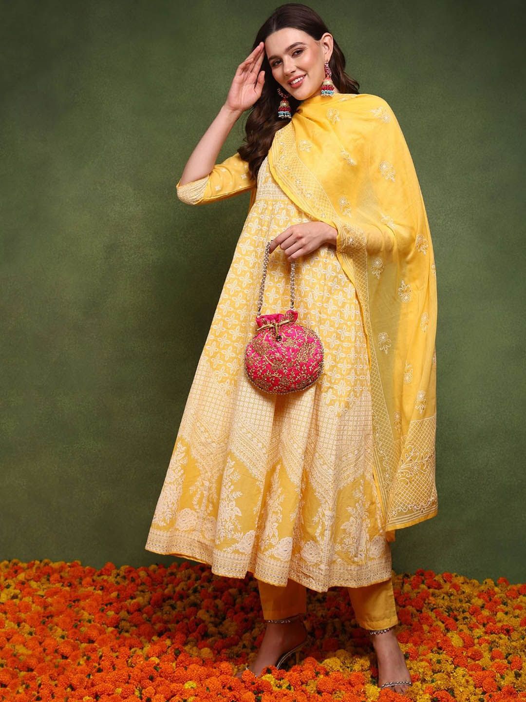 Women Mehandi Cotton Embroidery work Kurta Set With Dupatta