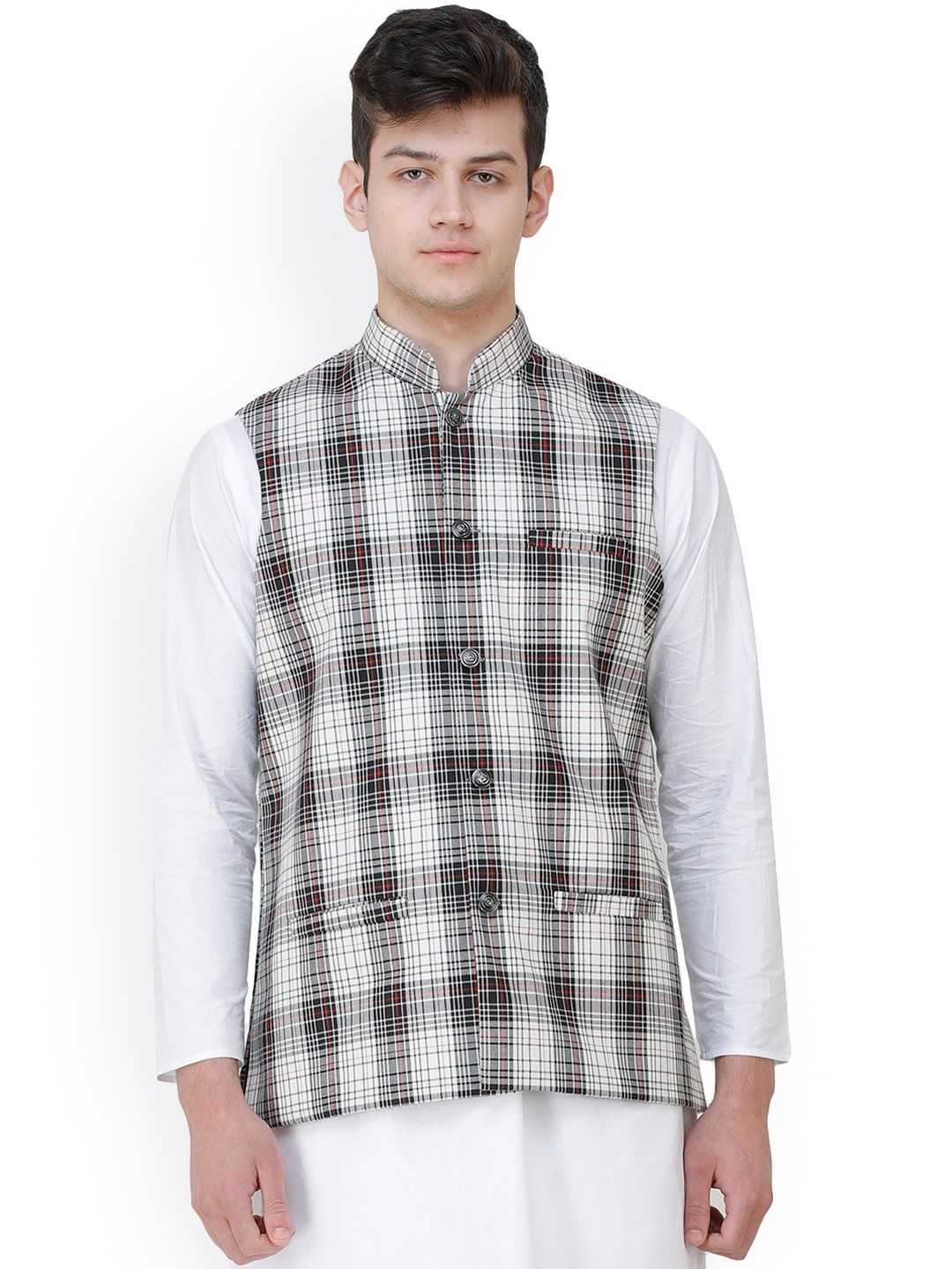 Exotic India Checked Mandarin Collar Nehru Jacket-picture-33