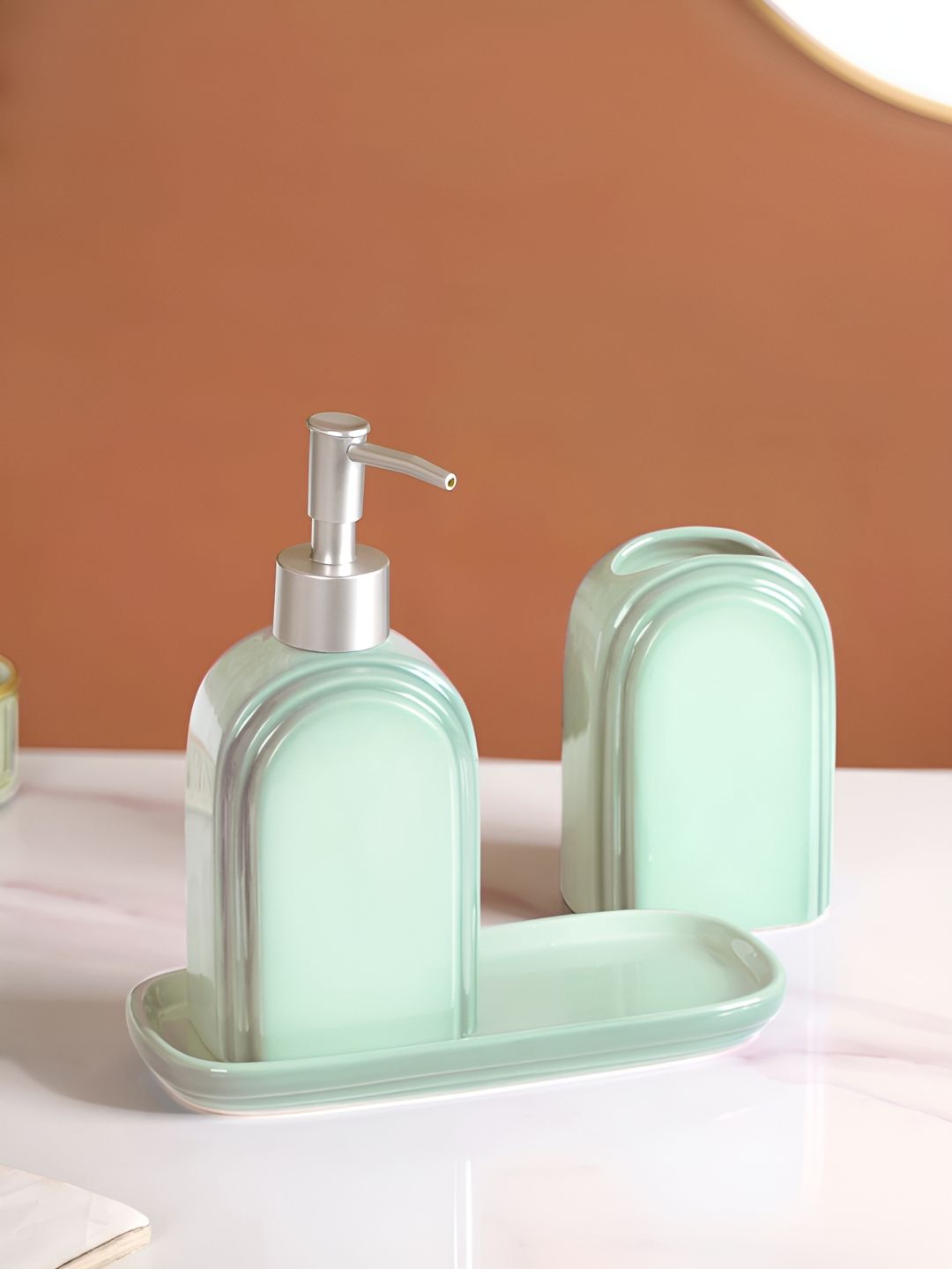 Nestasia Green & Silver-Toned 3 Pieces Ceramic Contemporary Glossy  Soap Dispenser