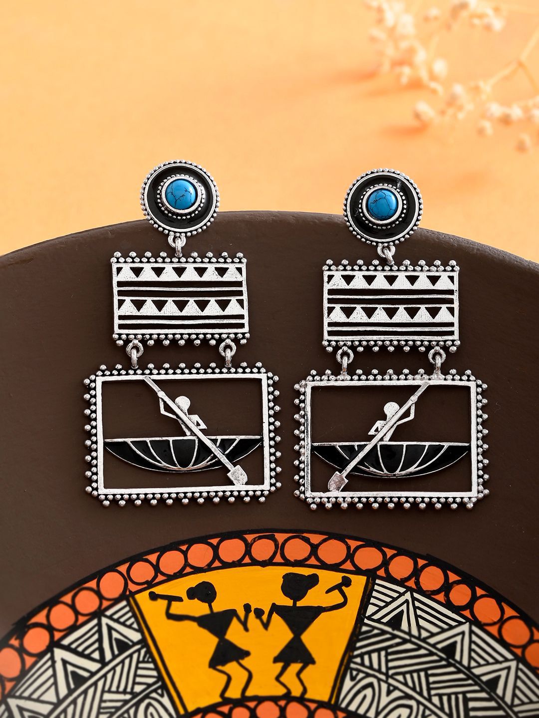 Voylla Silver-Plated Warli Contemporary Drop Earrings-picture-39
