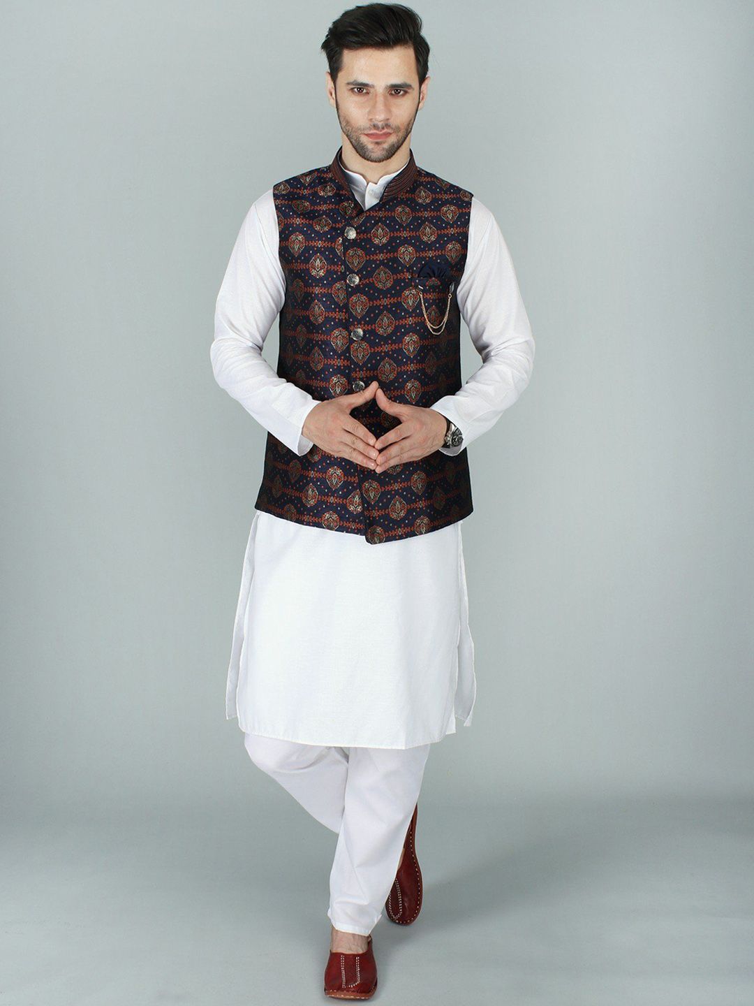 Exotic India Woven Design Mandarin Collar Nehru Jacket-picture-34