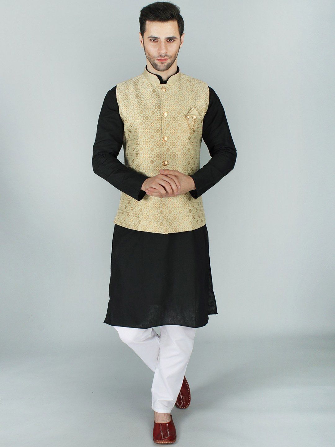 Exotic India Woven Design Mandarin Collar Nehru Jacket-picture-18