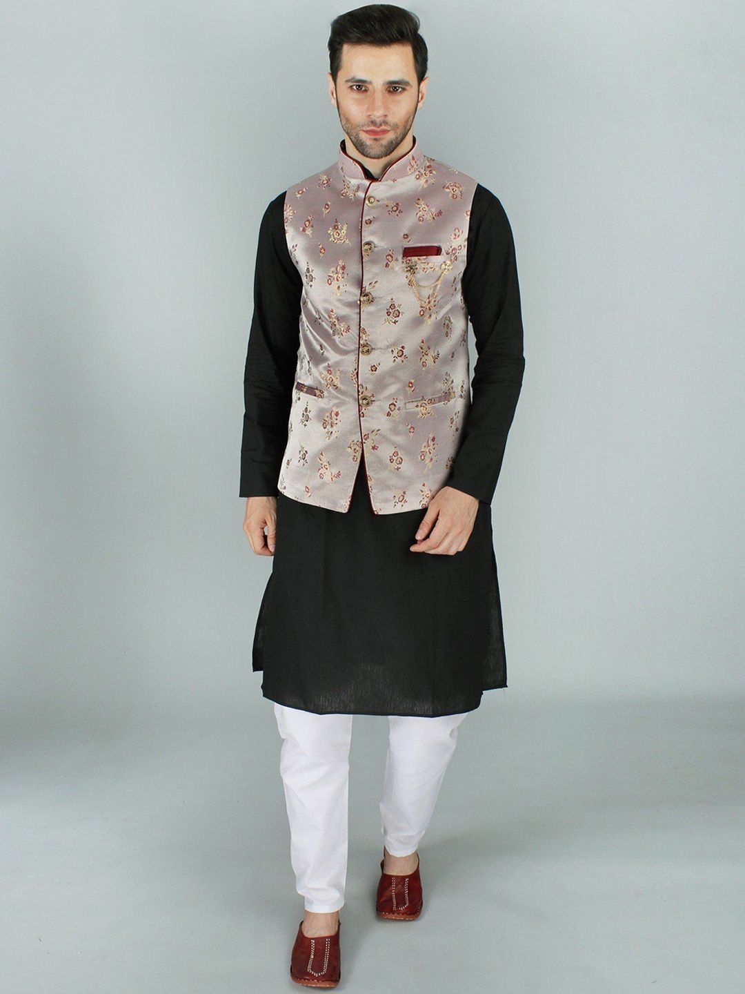 Exotic India Woven Design Mandarin Collar Nehru Jacket-picture-26