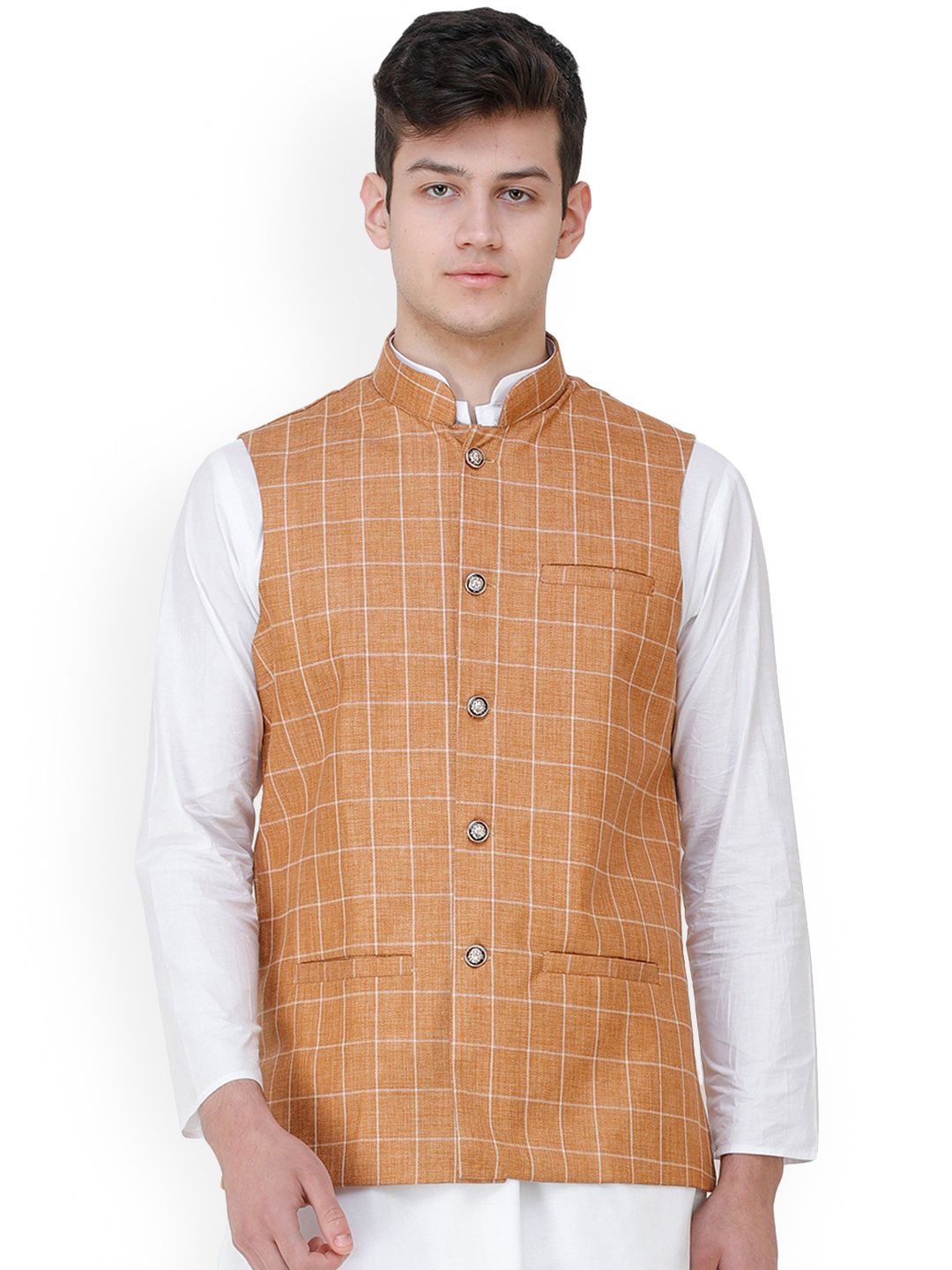 Exotic India Checked Mandarin Collar Nehru Jacket-picture-29