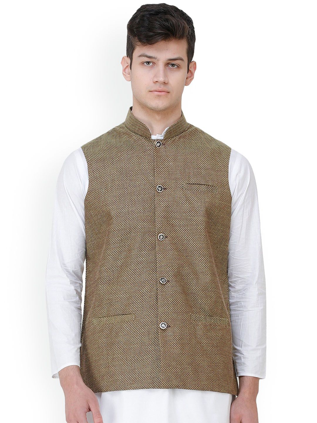 Exotic India Woven Design Mandarin Collar Nehru Jacket-picture-13