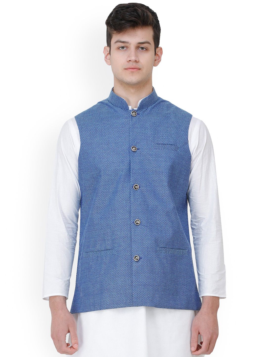 Exotic India Woven Design Mandarin Collar Nehru Jackets-picture-37