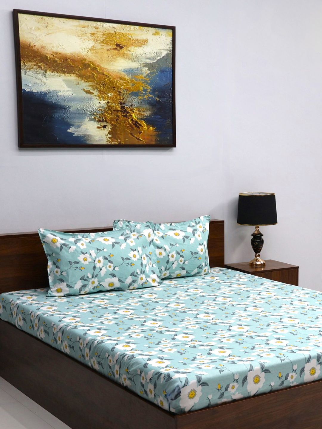 BOMBAY DYEING Fluorescent Green & White Floral 144 TC Queen Bedsheet with 2 Pillow Covers-picture-34