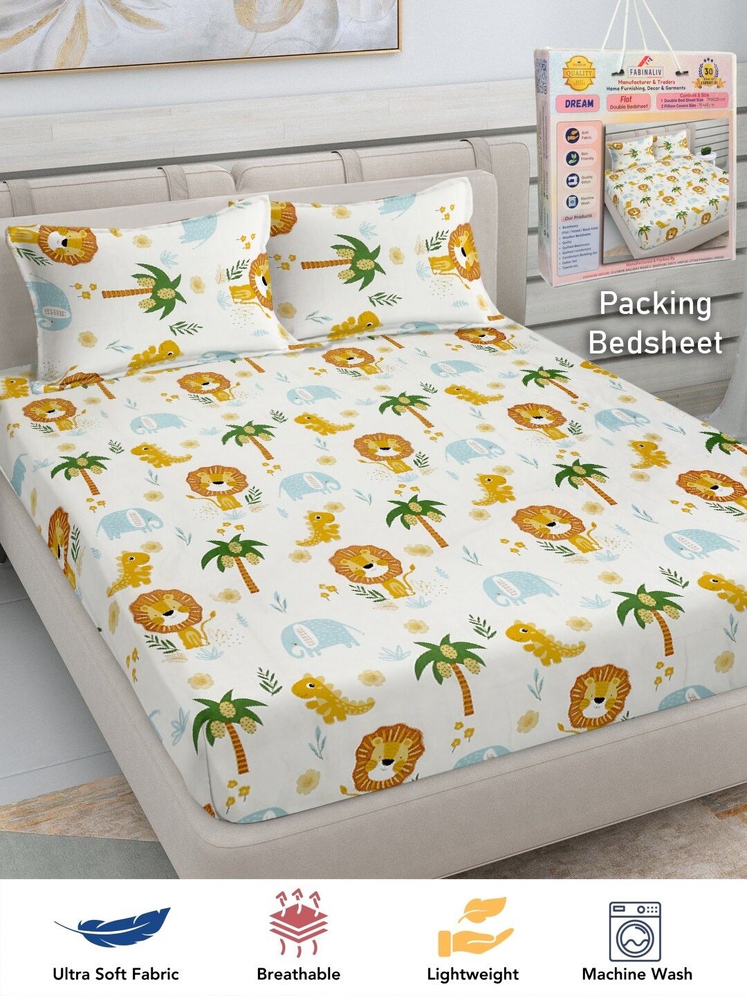 FABINALIV Off White & Brown Cartoon Characters 300 TC King Bedsheet with 2 Pillow Covers-image-12