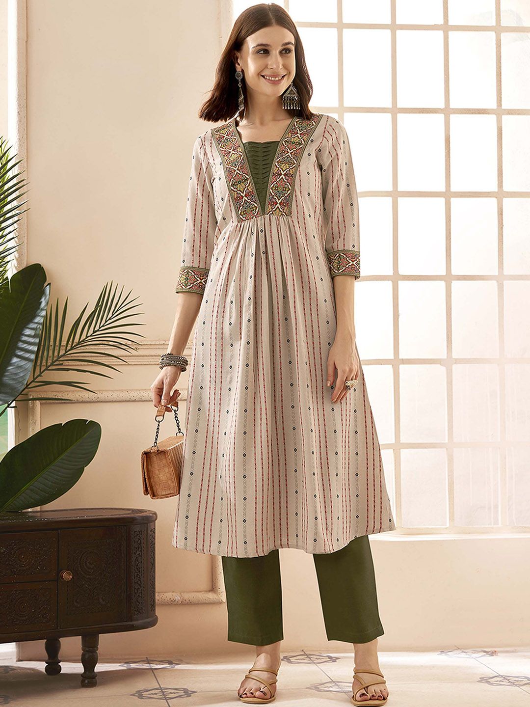 Anouk Ethnic Motifs Woven Design Pleated A-Line Kurta with Trouser
