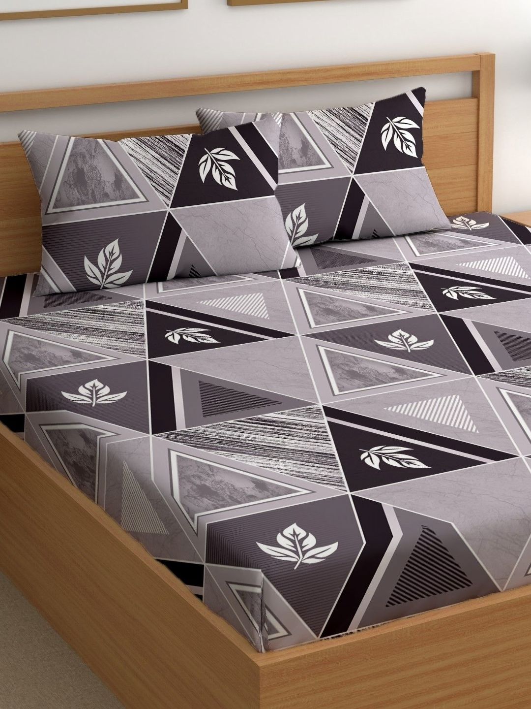 CHHAVI INDIA Grey & White Floral 210 TC King Bedsheet with 2 Pillow Covers-picture-33