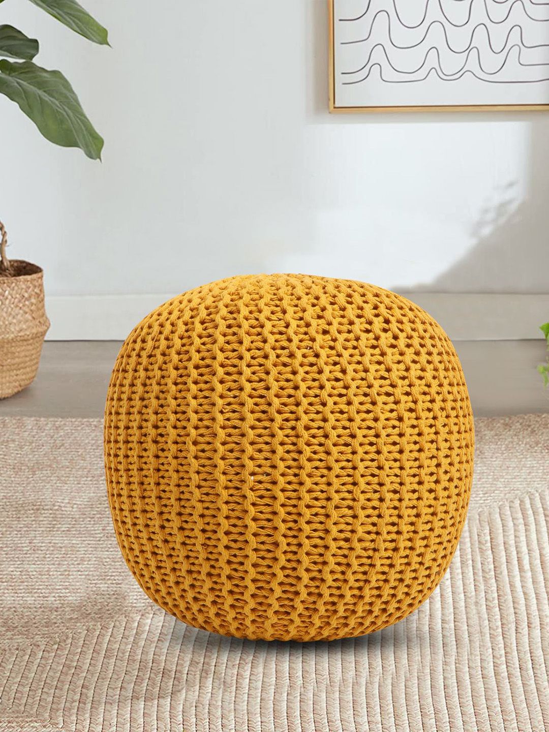 THE HOME CO. Yellow Solid Braided Pouffe Ottoman-picture-35