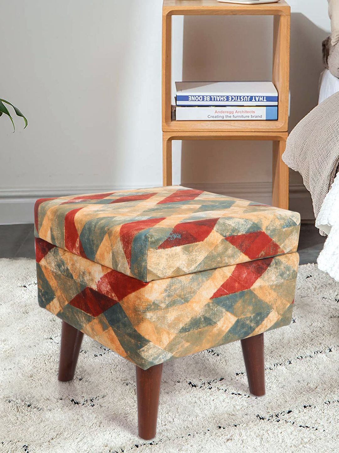 THE HOME CO. Beige & Green Geometric Printed Square Sitting Pouffe Ottoman-picture-26