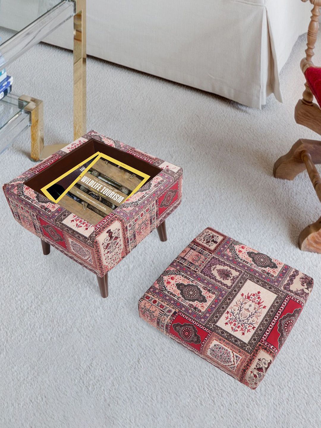 THE HOME CO. Grey & Maroon Ethnic Motifs Printed Rectangle Sitting Pouffe Ottoman-picture-41