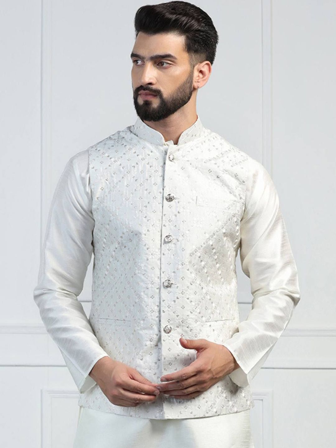TAHVO Men Floral Embroidered Mandarin Collar Nehru Jackets-picture-14