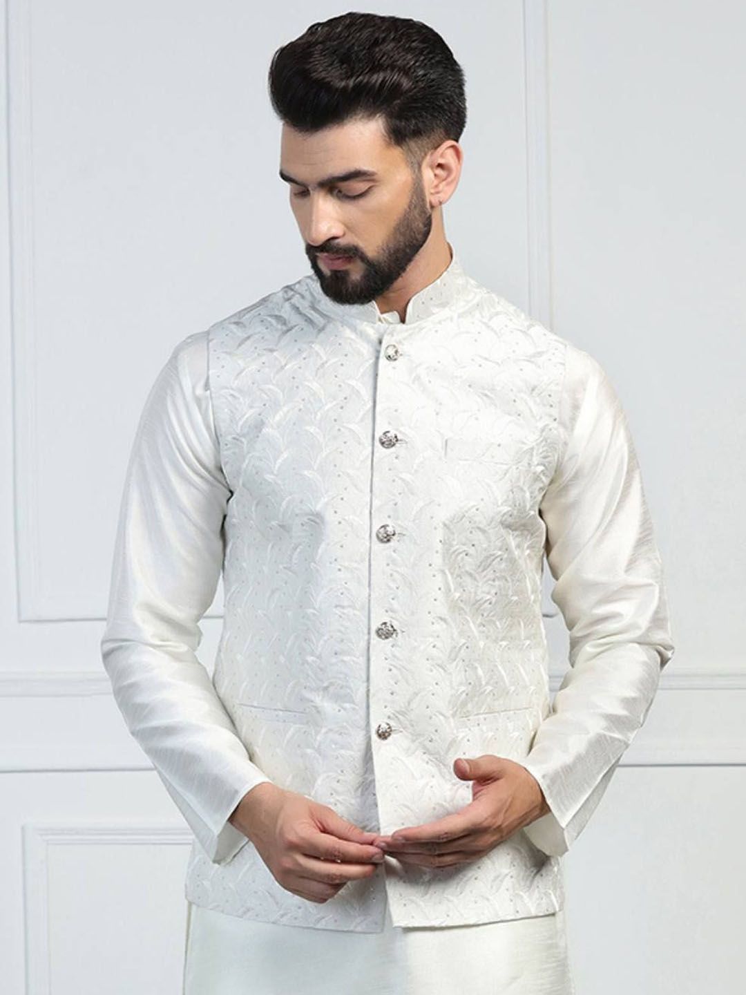 TAHVO Men Floral Embroidered Mandarin Collar Nehru Jackets-picture-23