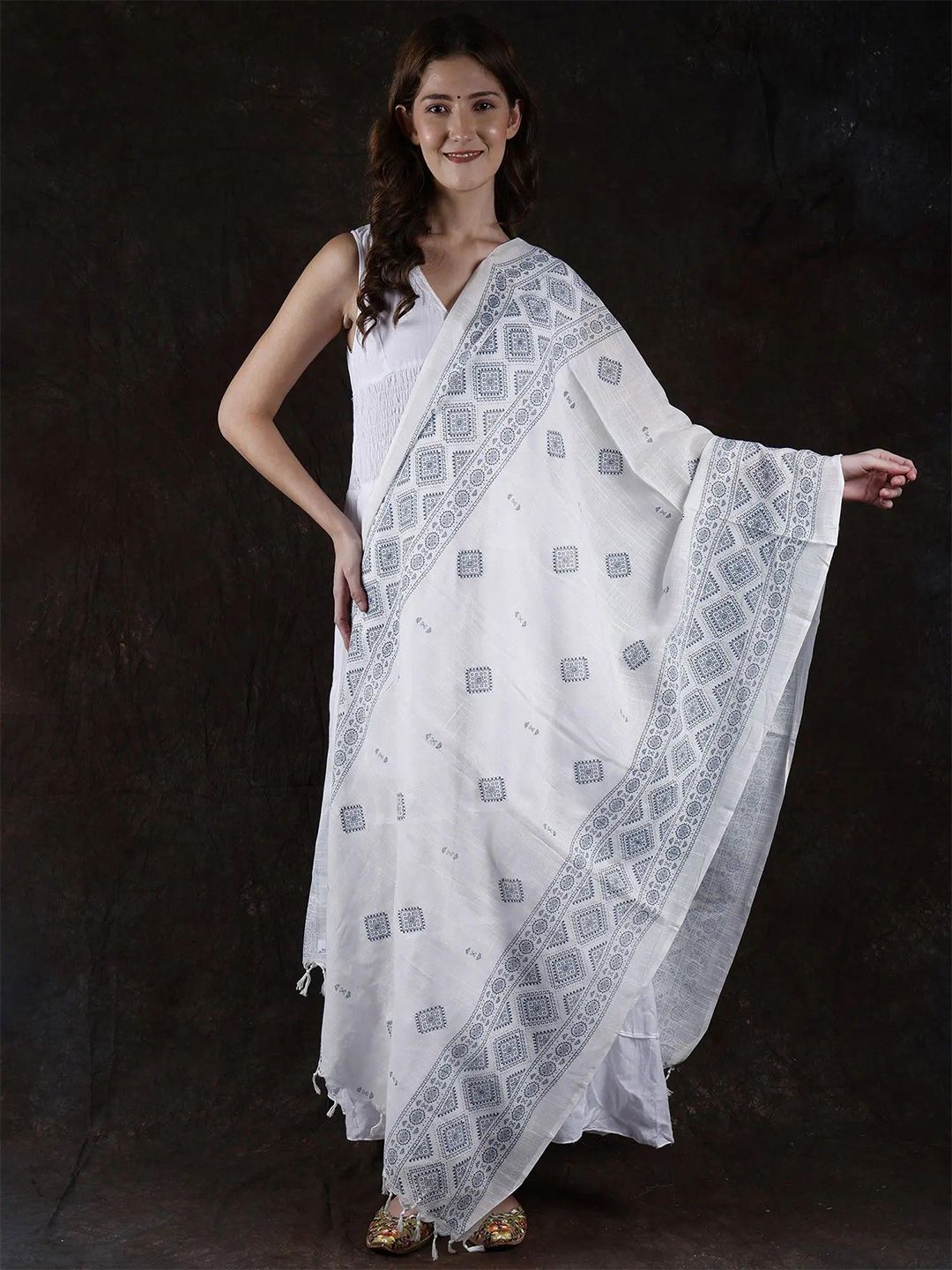 Exotic India Lucent White Pure Cotton Printed Motifs Dupatta